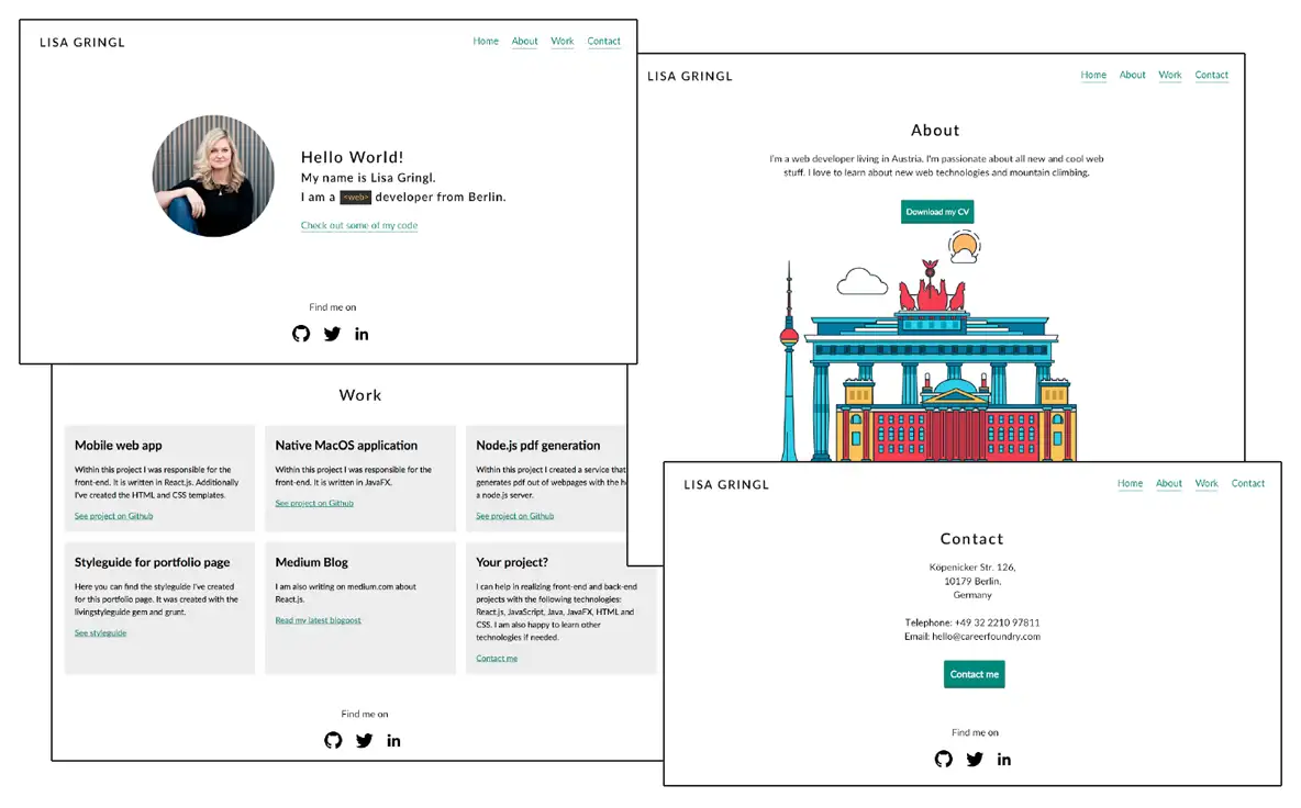collage of given design for all 4 pages, home page, about page, work page and contact page